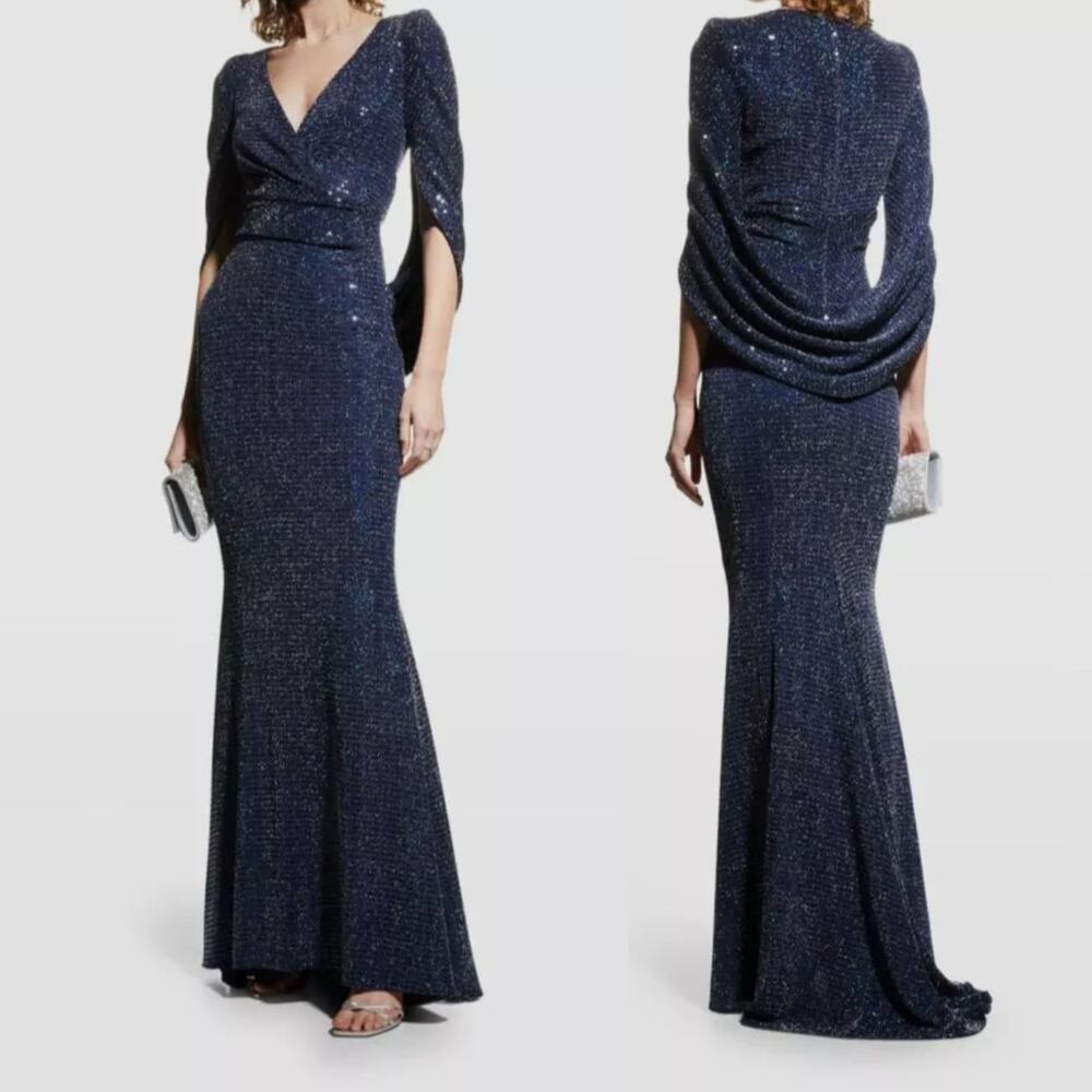Talbot Runhof Rosin Metallic Navy Draped Gown V-Neck Cape Sleeve 6 36 Preowned